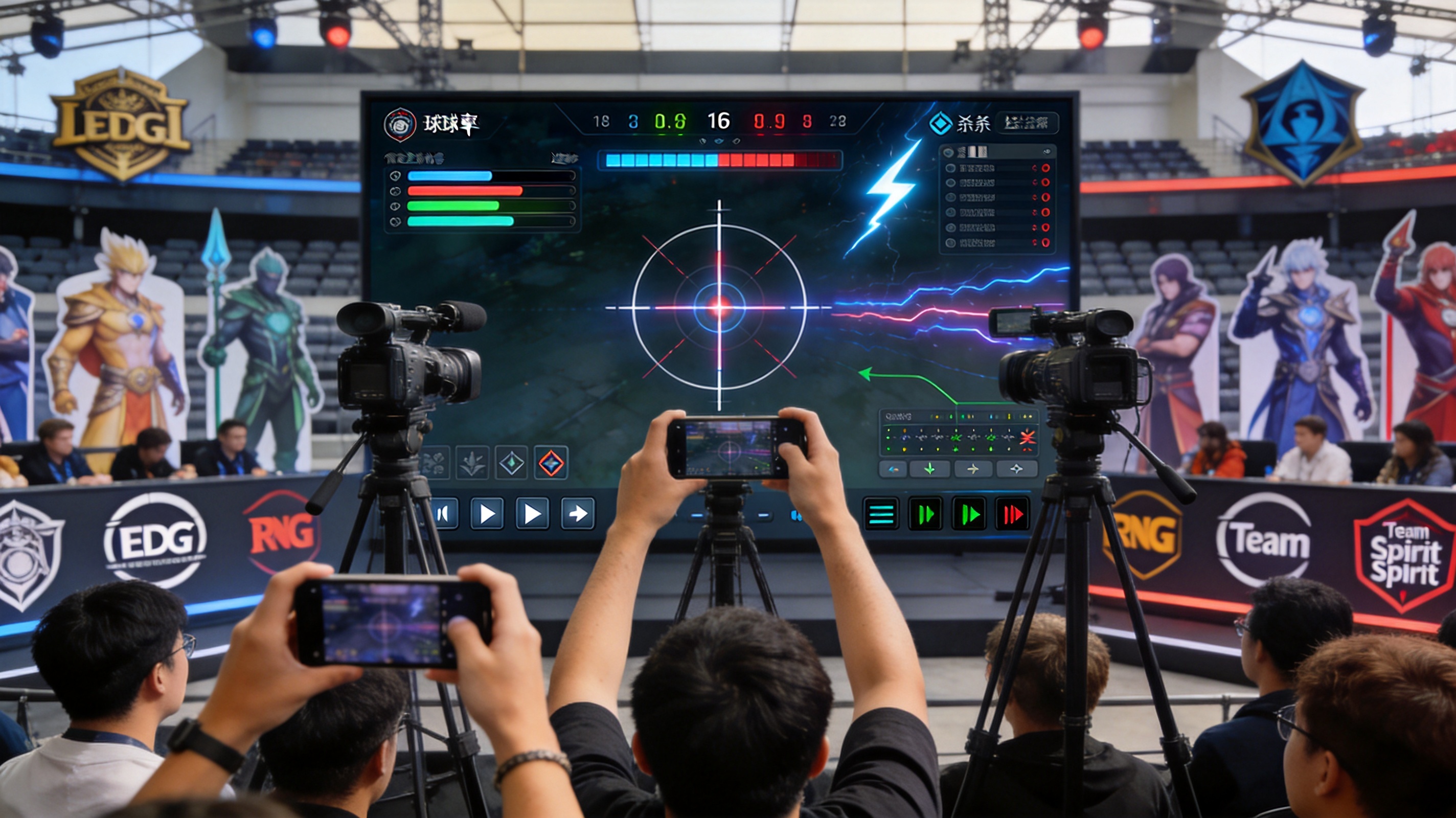SCORE电竞直播画面展示十字准星界面、实时比分弹窗与控球率图表